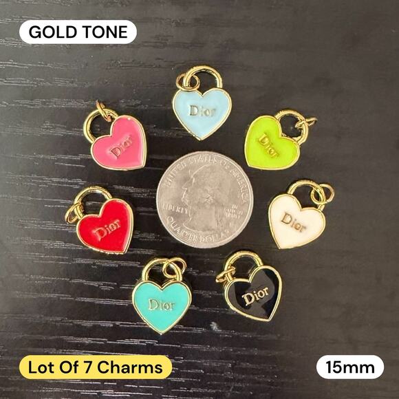 NEW STYLE - Lot Of 7 Dior Heart Gold Tone Zipper Pull Button Charms 15mm - Picture 1 of 1